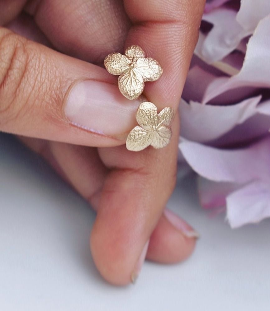Woodland Hydrangea Stud Earrings -  in Solid Recycled Gold