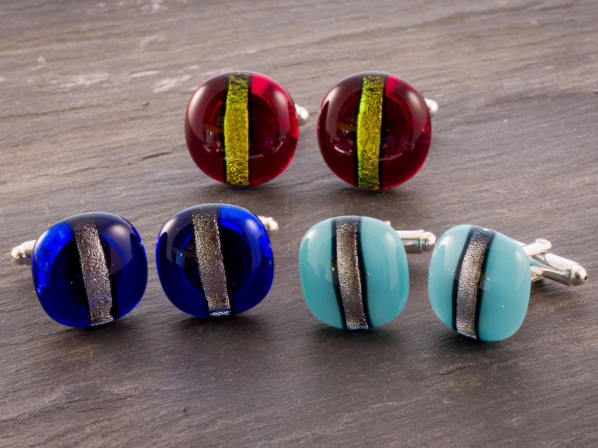 Cufflinks with a shiny sparkly stripe of dichroic glass