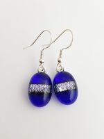 Dichroic stripe - Cobalt blue with silver sparkly stripe drop earrings