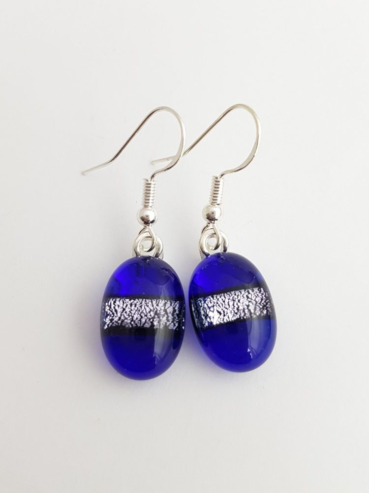 Dichroic stripe - Cobalt blue with silver sparkly stripe drop earrings