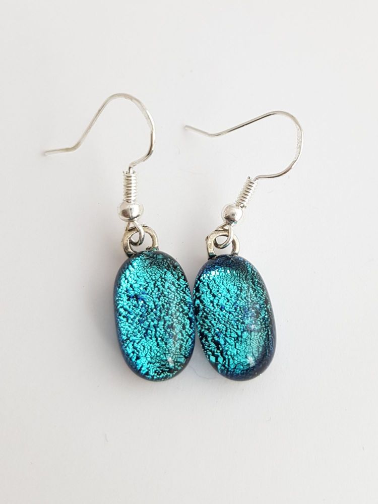 Cyan blue dichroic sparkly drop earrings