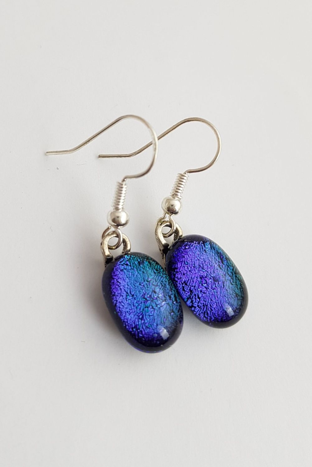 Dichroic peacock blue fused glass earrings