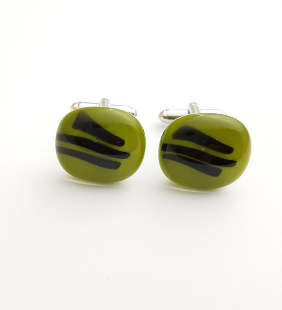 Avocado green cufflinks with black stripes