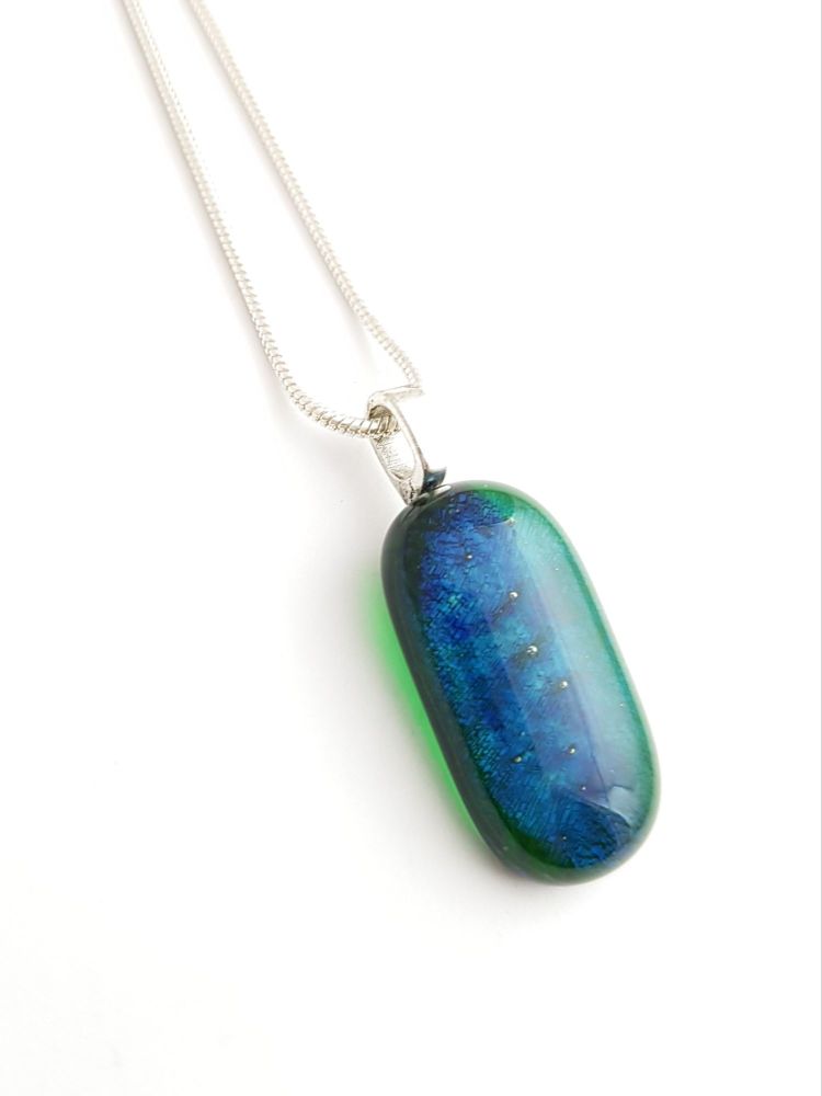 Shimmering iridescent peacock green-blue pendant