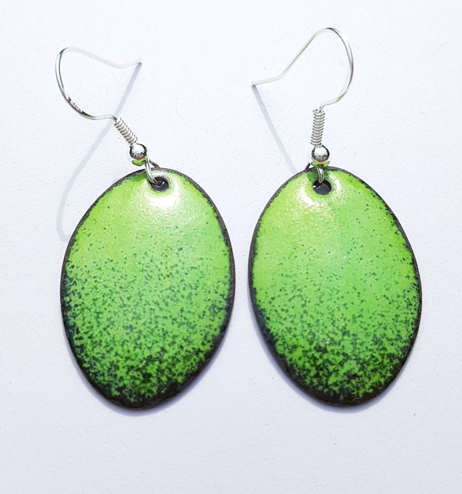 Lime green with deep maroon red speckles earrings