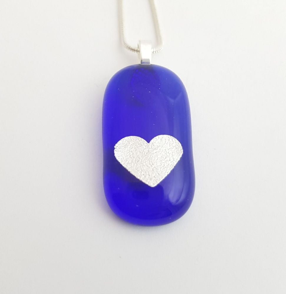 Cobalt blue oblong pendant with silver mica heart