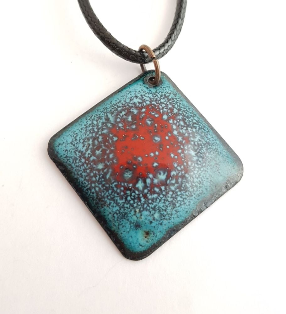 Teal blue with bright poppy red speckle necklace