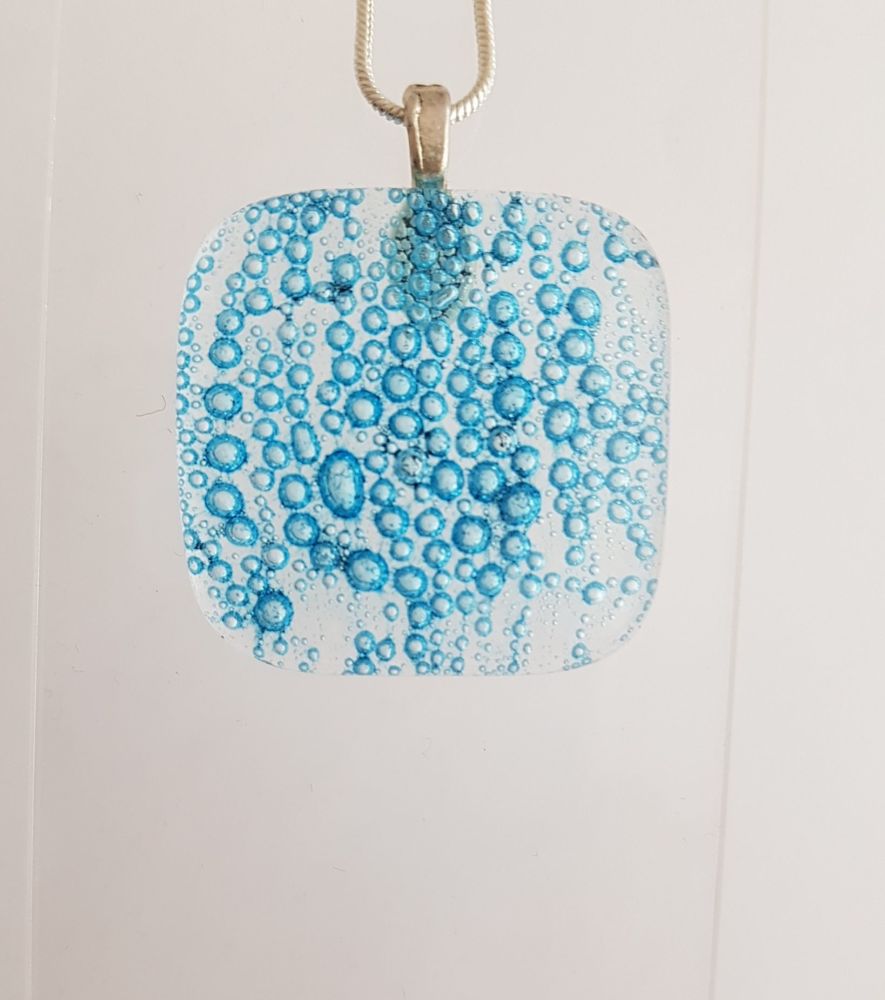 Bubbles - Clear with blue bubbles square pendant