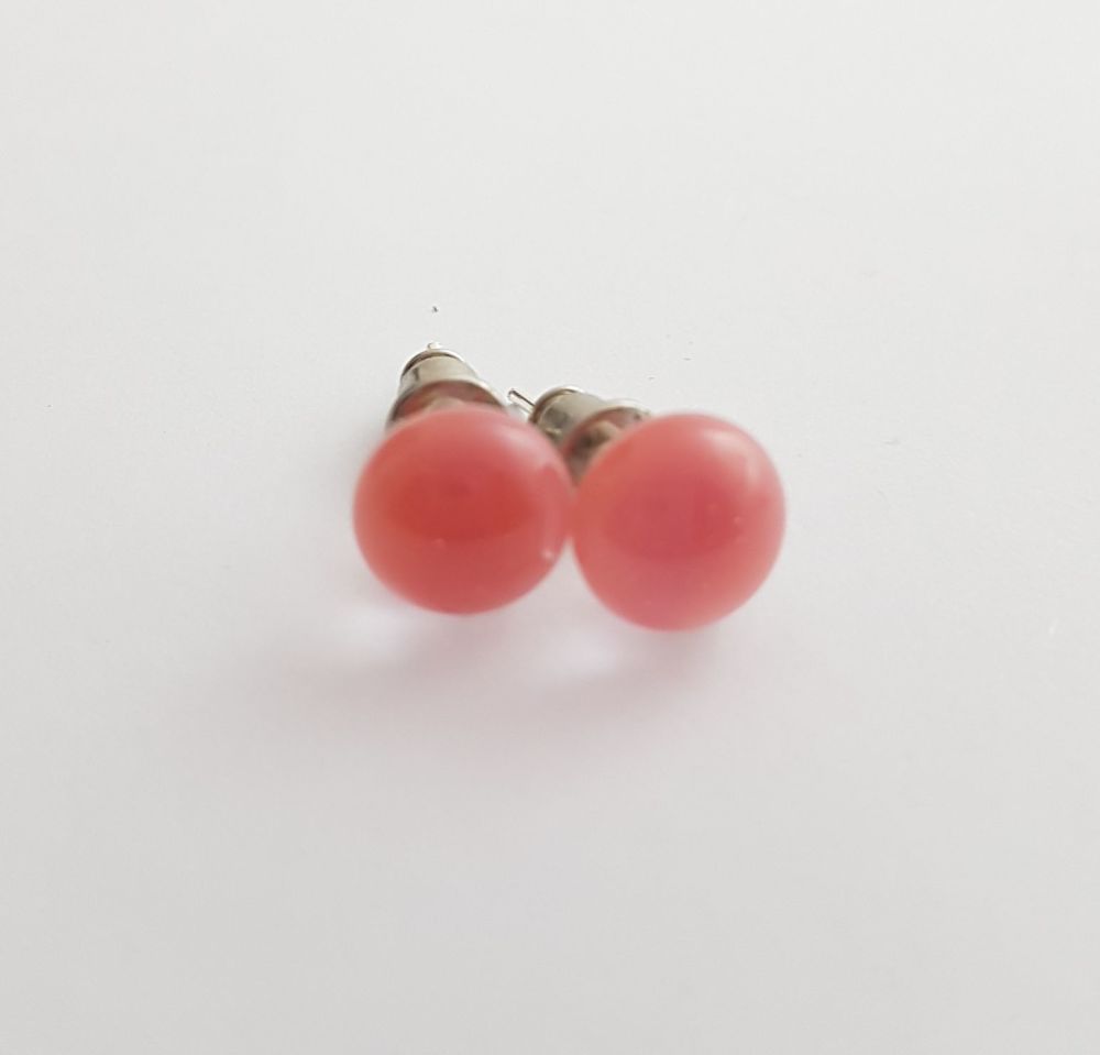 Salmon pink opaque glass stud earrings