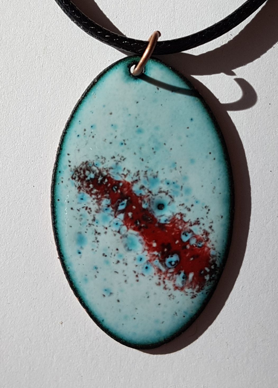 Turquoise, white and poppy red pattern necklace