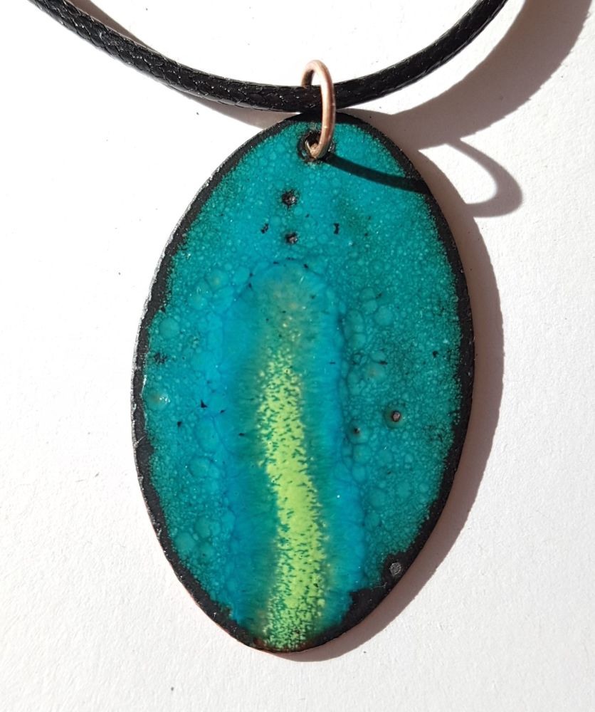 Teal with lime green splash oval necklace