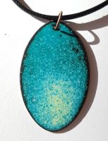 Teal with spring green speckles oval necklace