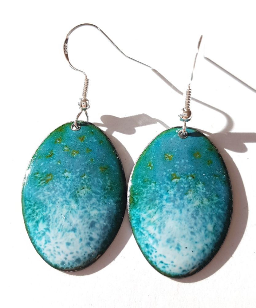Teal and green with white fluid speckles earrings