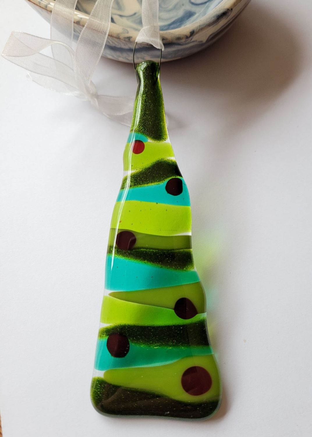 Christmas glass tree - greens with baubles