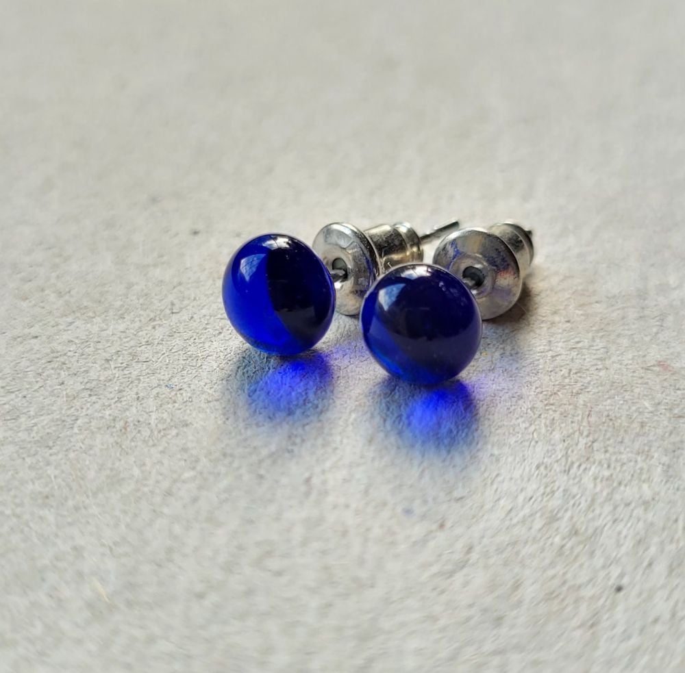 Cobalt blue transparent glass stud earrings