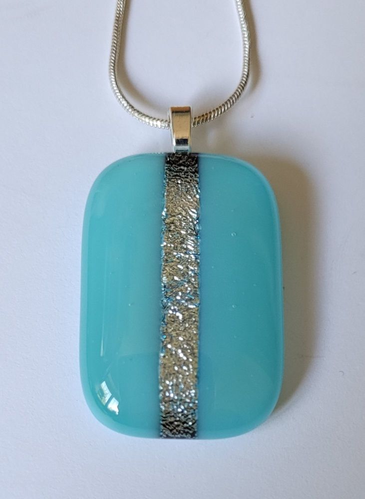 Dichroic stripe - large turquoise glass pendant with silver sparkly stripe