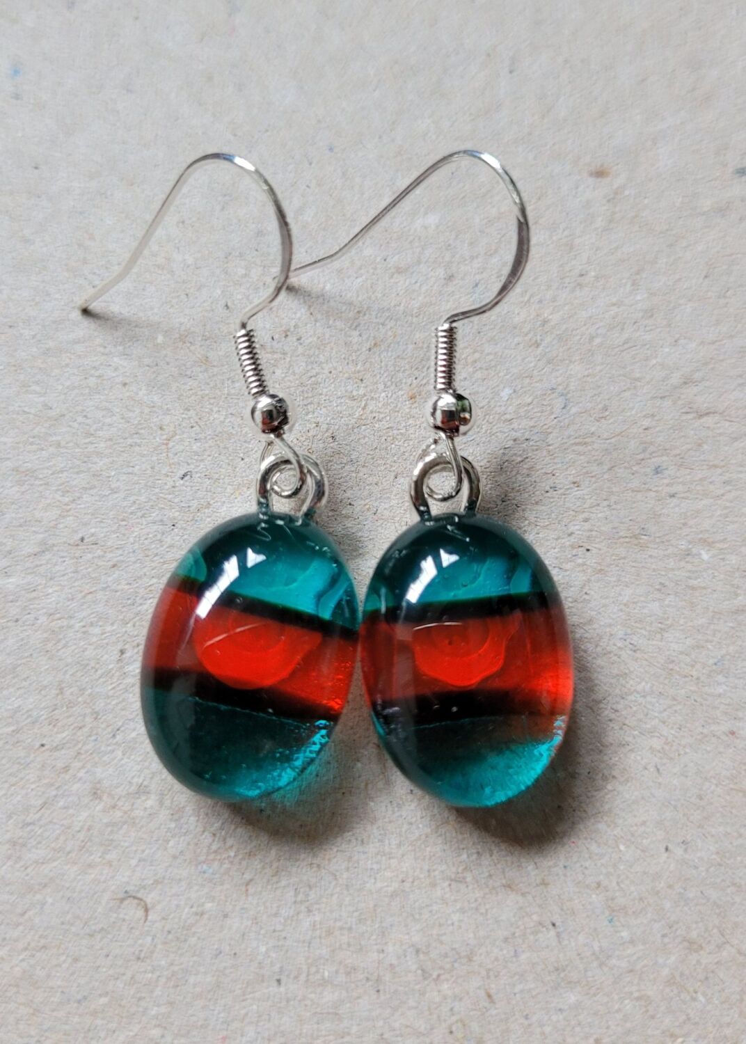 Peacock blue and dark orange small drop earrings