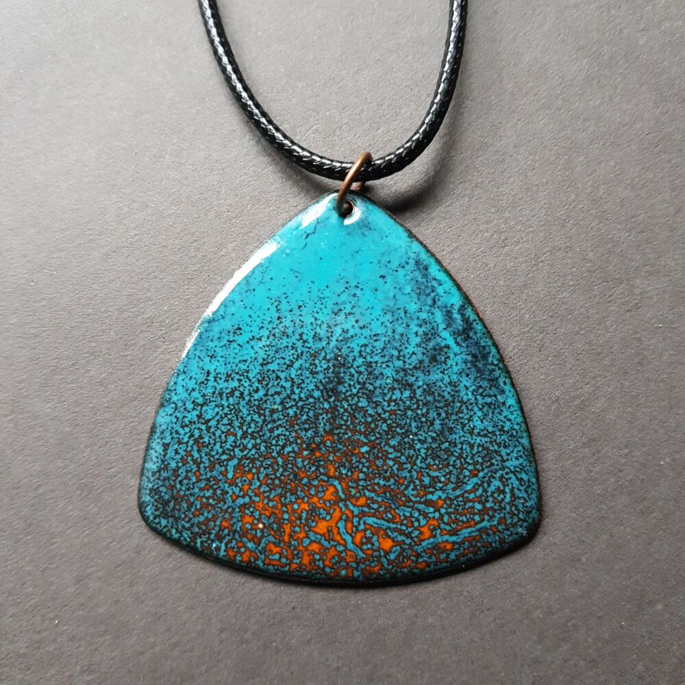 Teal blue with dark orange speckles enamelled necklace