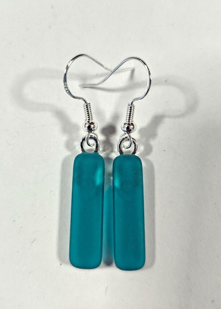 Frosted "sea glass" effect teal blue flat slim earrings