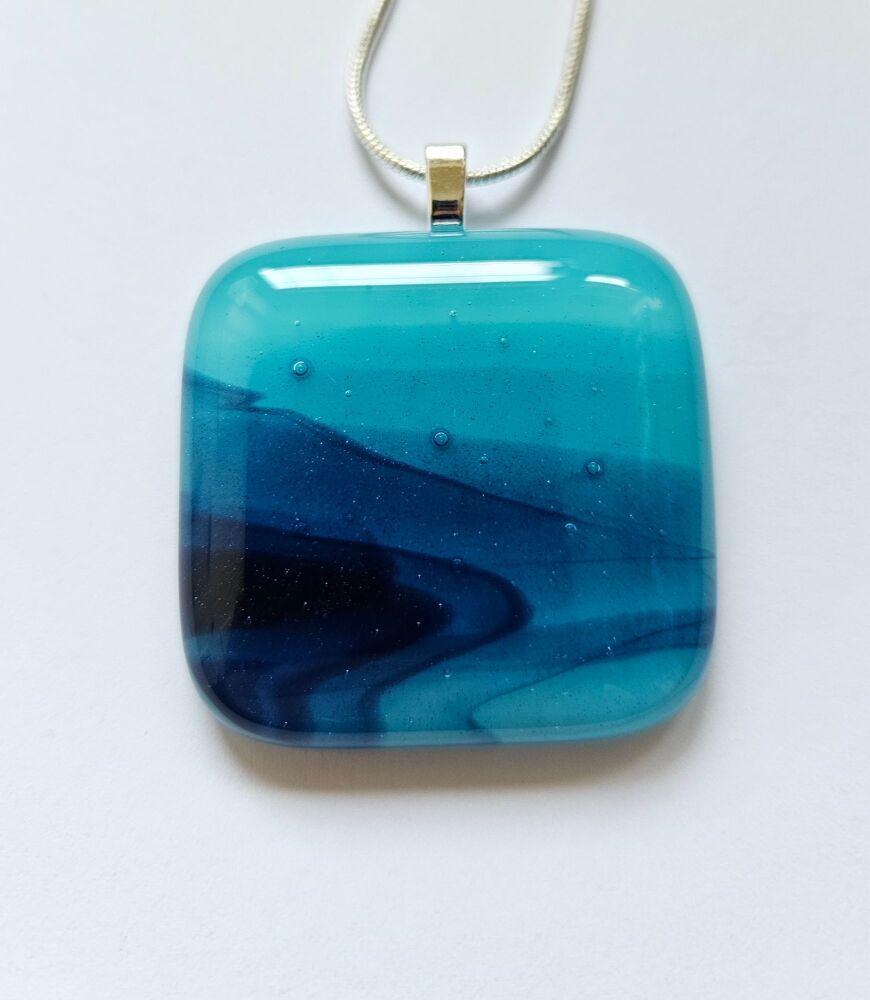 Swirly sea blues large square pendant