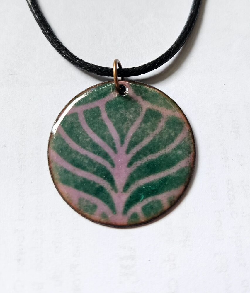 Dusky purple with dark green pattern enamelled necklace