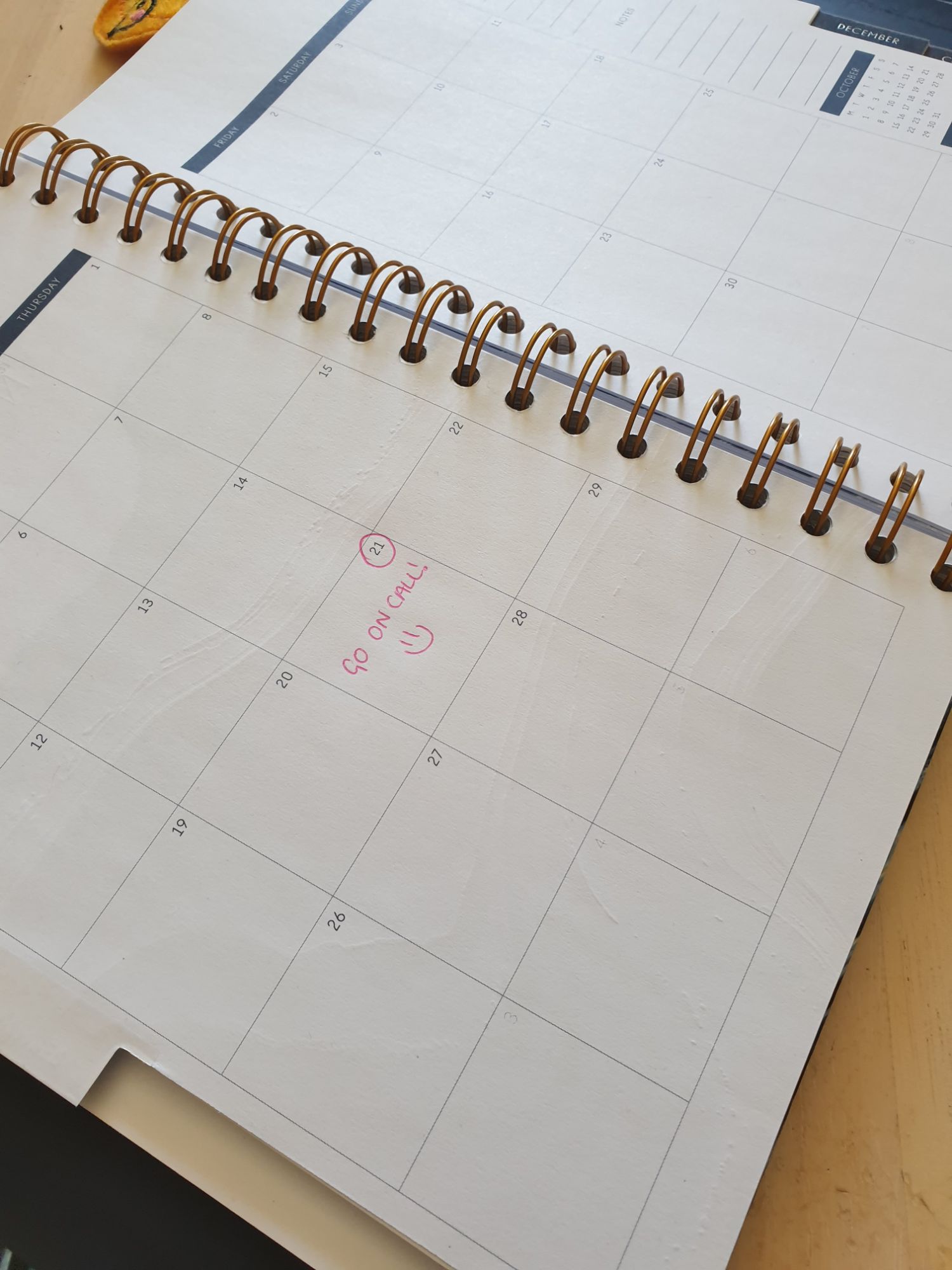 A diary with a date circled saying, "go on call!"