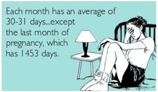 Meme image with the text: "Each month has an average of 30-31 days...except the last month of pregnancy, which has 1453 days."