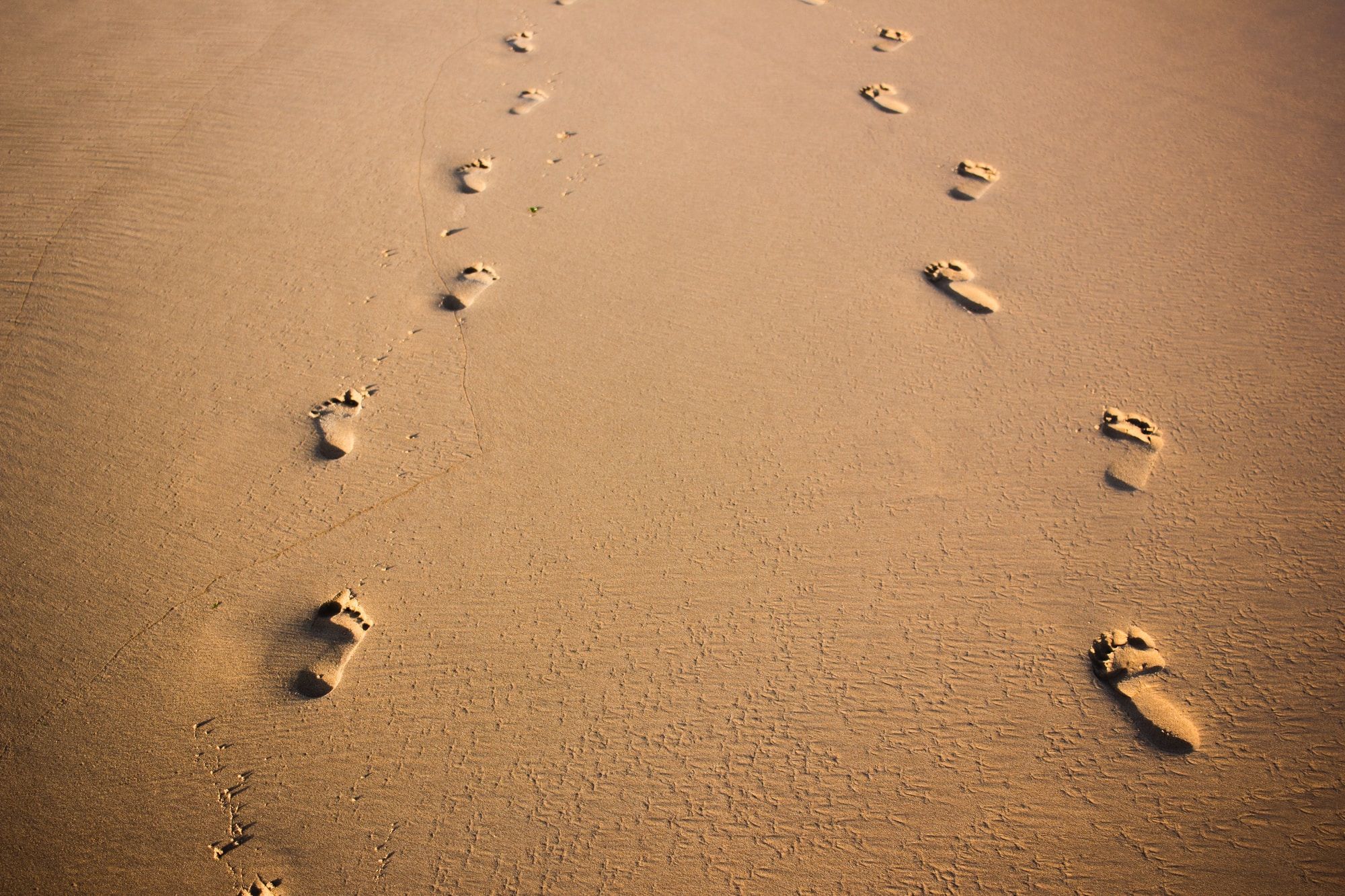 Two sets of footprints walking side by side in sand.