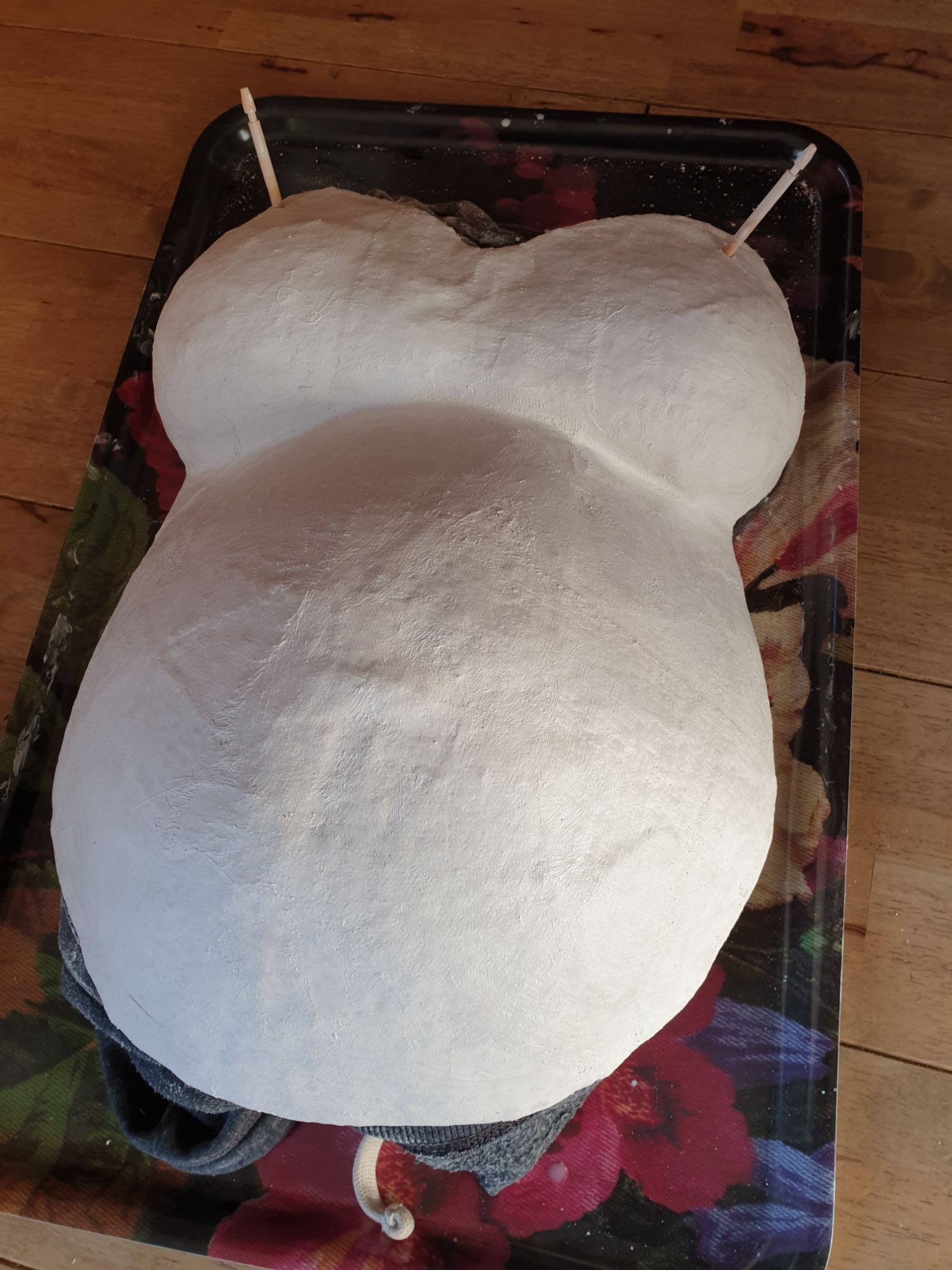 Shaped cast drying on a tray, with 2 sticks poking out where the hanging holes will be.