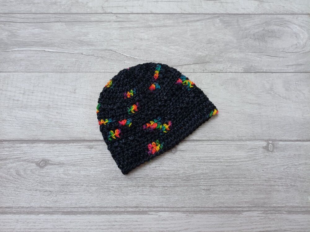 Newborn baby hat | black rainbow wool | handmade crochet hat