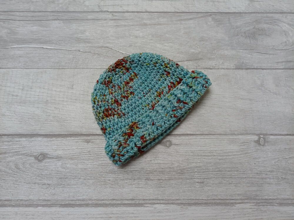 Newborn baby hat | blue wool with fold up brim | handmade crochet hat