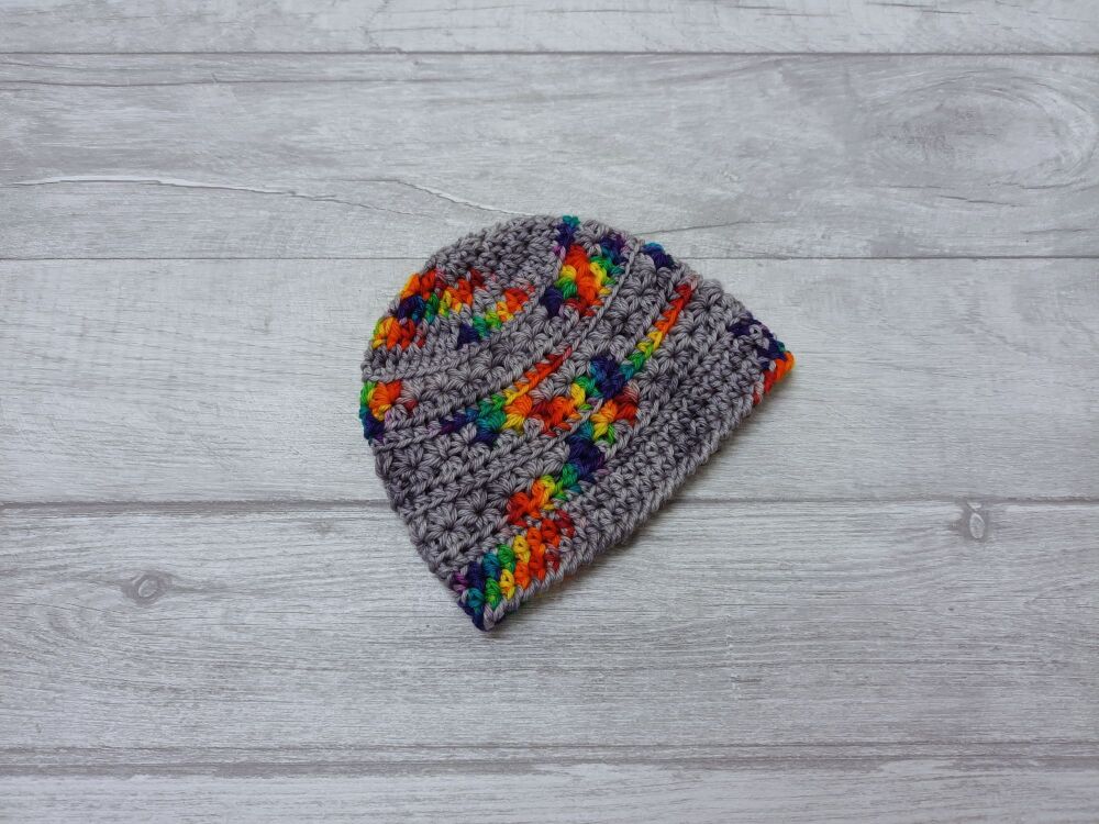 Newborn baby hat | grey rainbow wool | handmade crochet hat