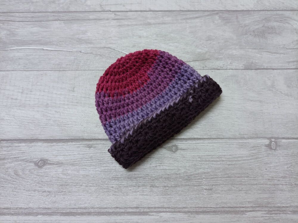 Newborn baby hat | pink/purple wool with fold up brim | handmade crochet hat