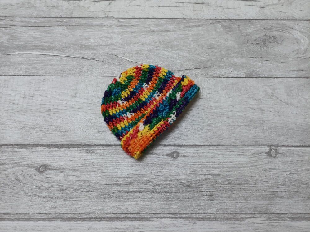 Small/prem baby hat | 5-6lb premmie hat | bright rainbow wool | handmade crochet hat with brim