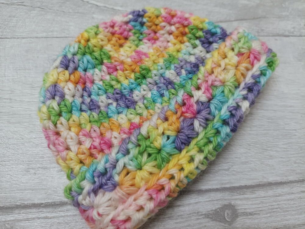 Small/prem baby hat | 5-6lb premmie hat | pastel rainbow wool | handmade crochet hat with brim