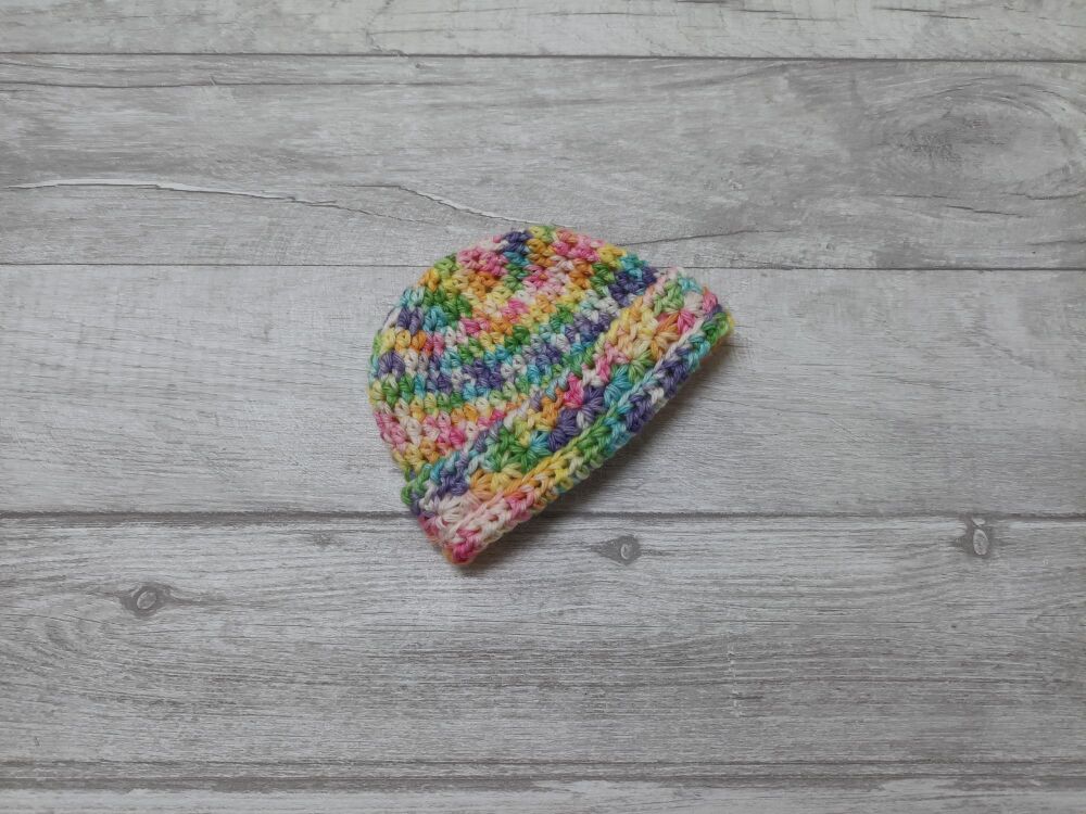 Small/prem baby hat | 5-6lb premmie hat | pastel rainbow wool | handmade crochet hat with brim