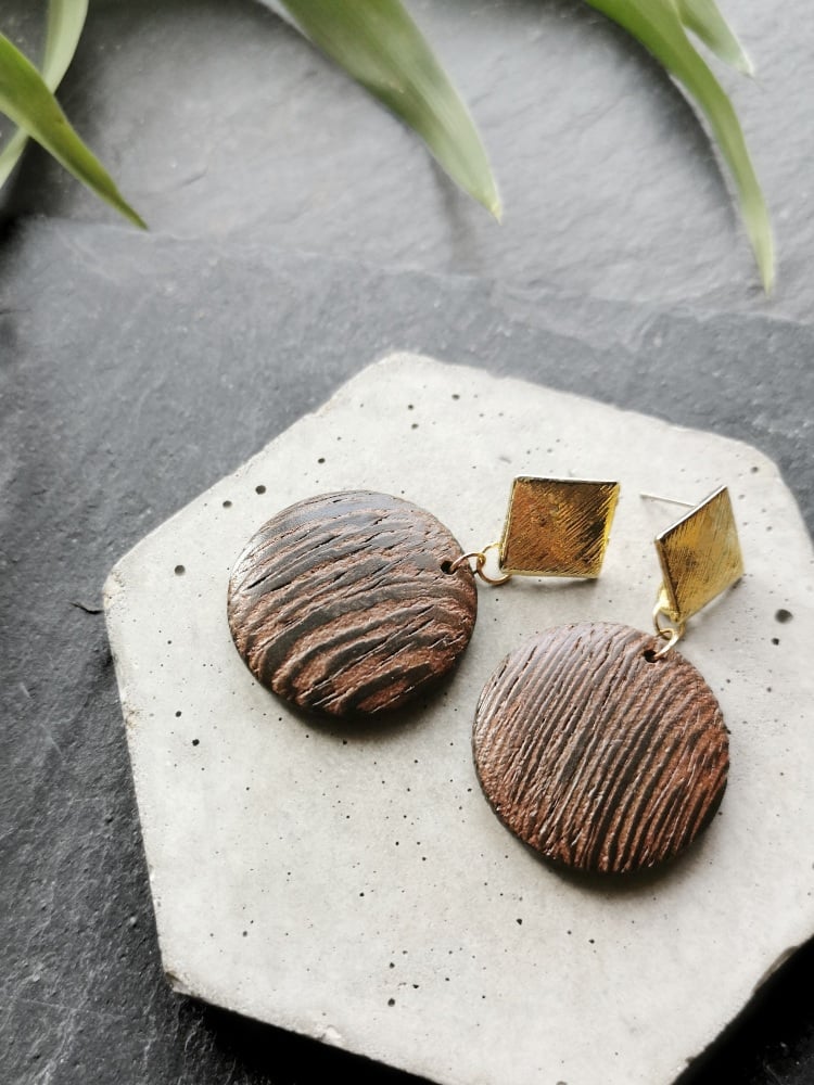 Gold Tone Wooden Disc Earrings