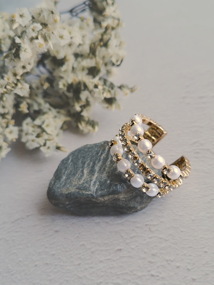 Mother of Pearl and Rhinestone Adjustable Gold Plated Ring
