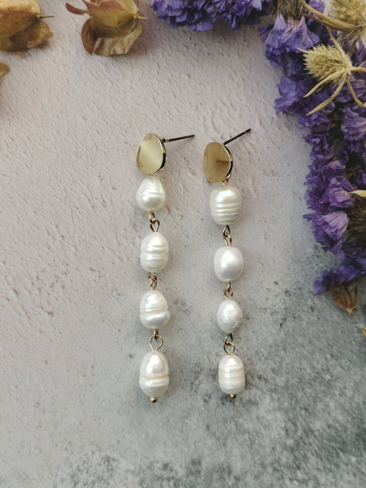 Gold Tone Disc and Mother of Pearl Stone Dropper Earrings