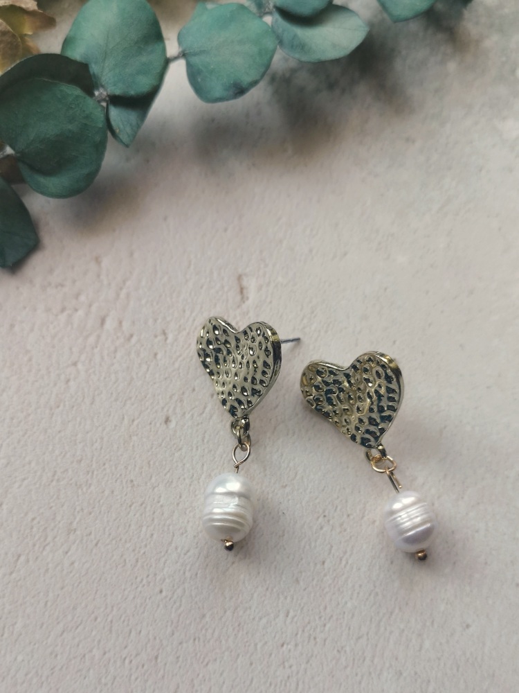 Gold Tone Heart and Mother of Pearl Stone Drop Earrings