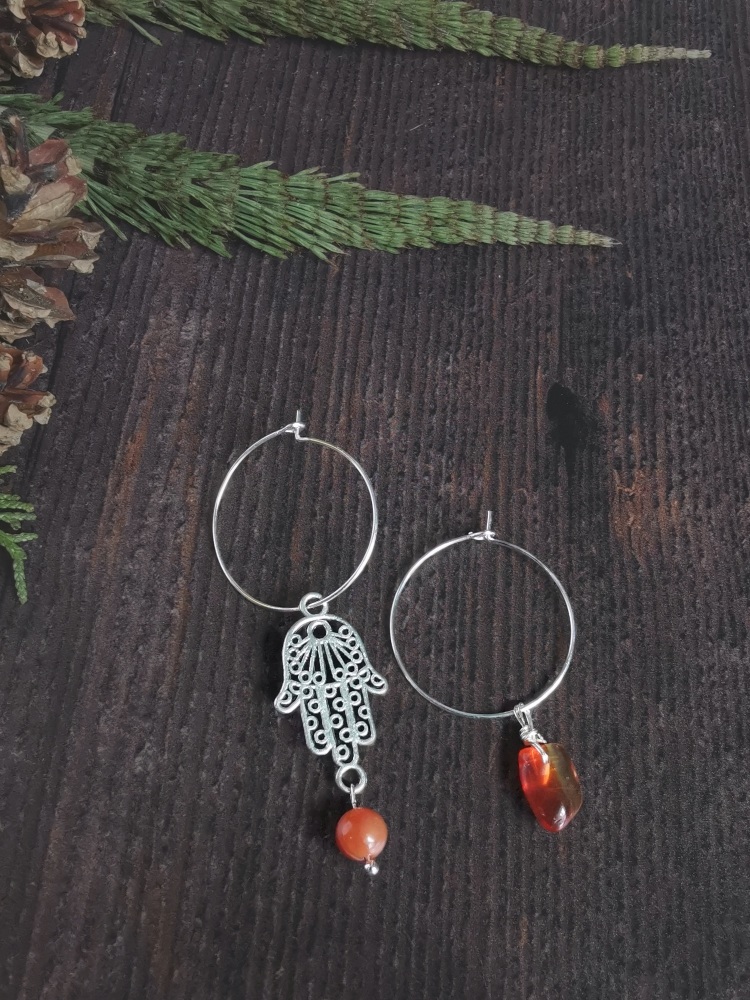 Sterling Silver Hoop & Hamsa Hand Semi Precious Stone Earrings