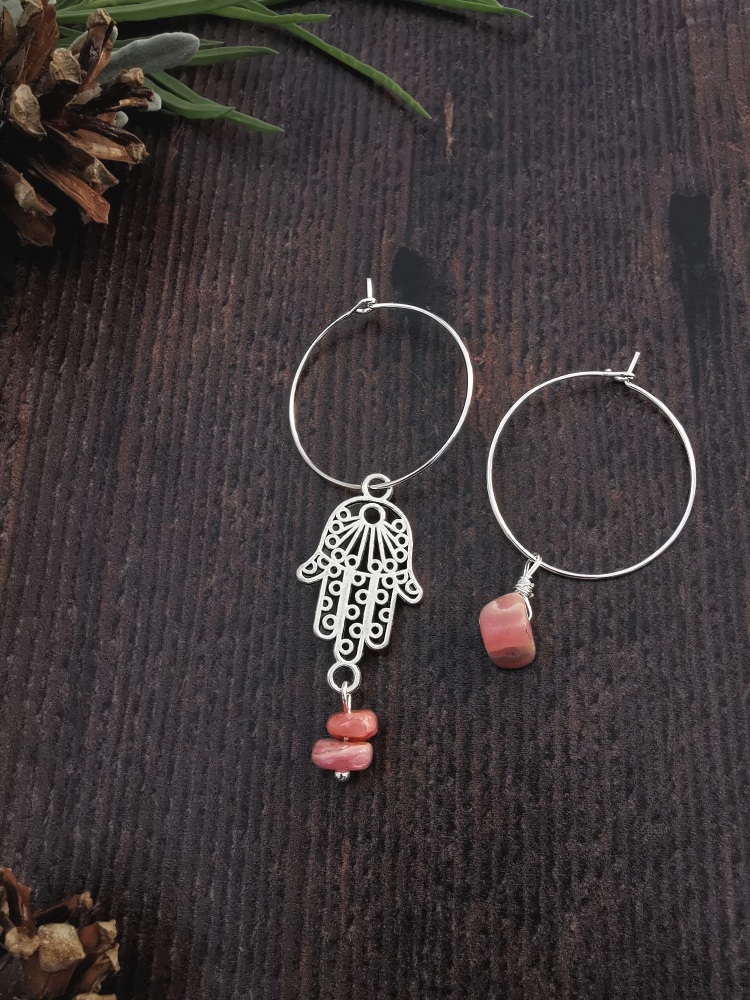 Sterling Silver Hoop & Hamsa Hand Rhodochrosite Semi Precious Stone Earring