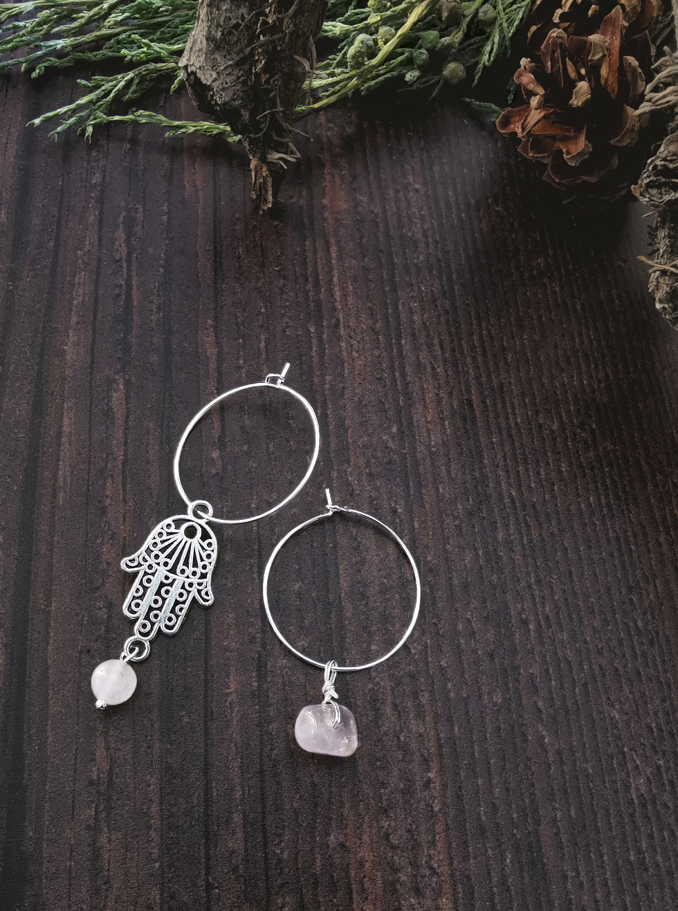 Sterling Silver Hoop & Hamsa Hand Rose Quartz Semi Precious Stone Earrings