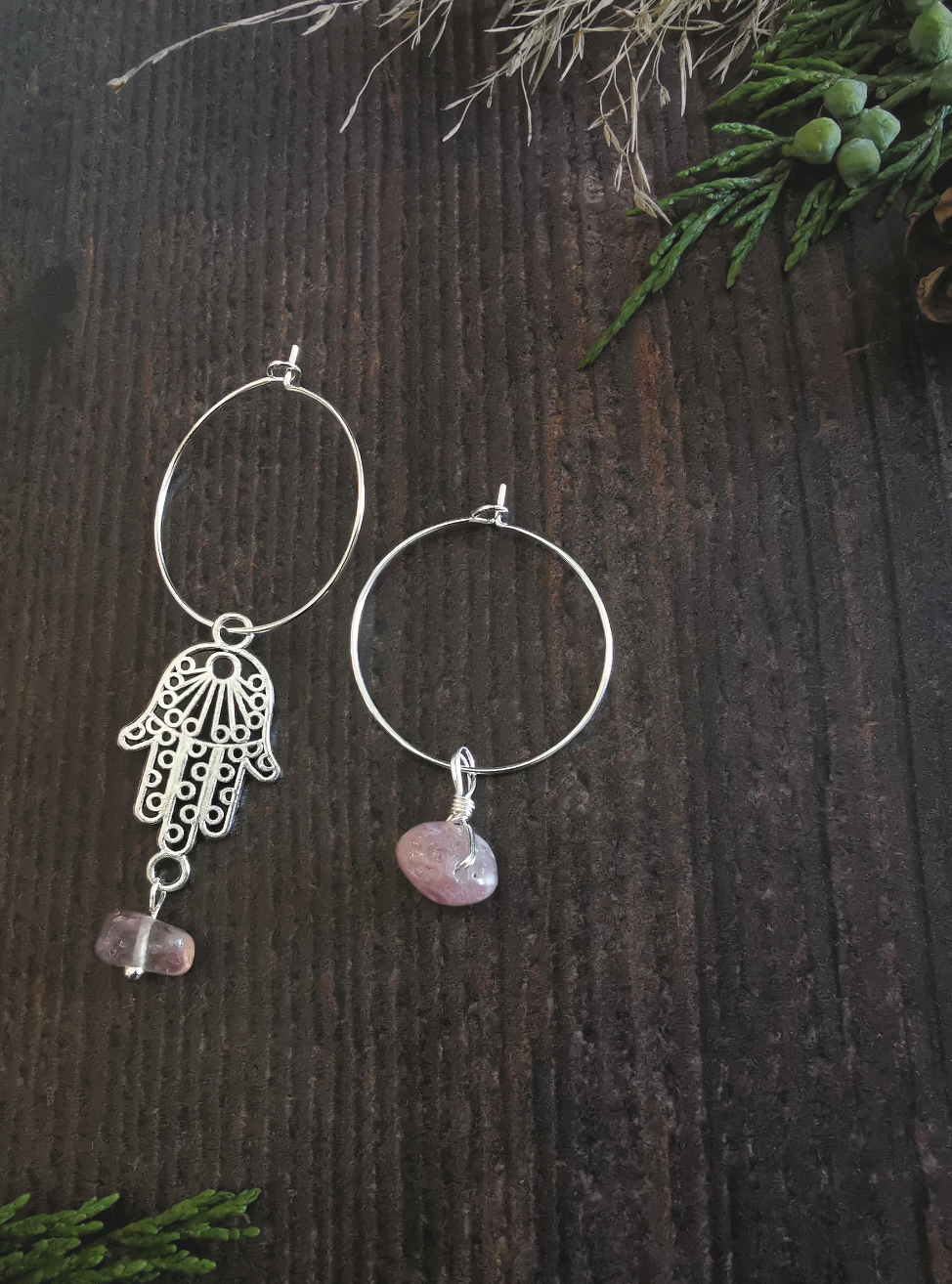 Sterling Silver Hoop & Hamsa Hand Strawberry Quartz Semi Precious Stone Ear