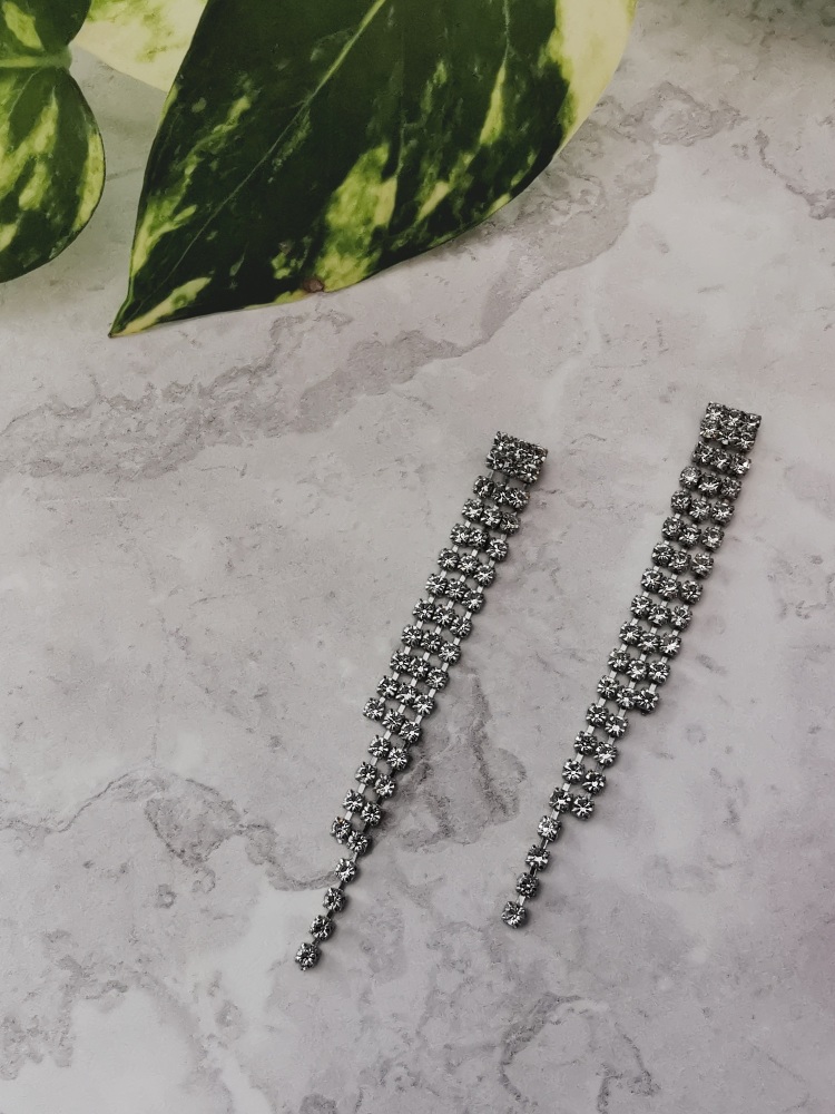 Silver Tone Delicate Rectangle Cubic Zirconia Drop Earrings by Emi Jeweller