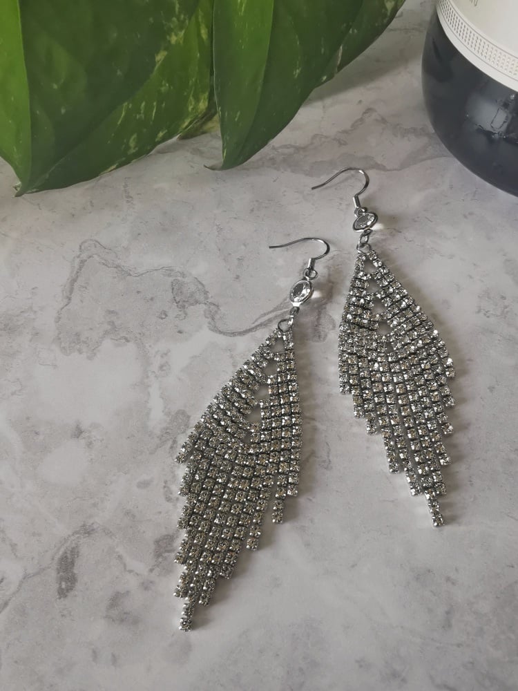 Silver Tone Architectural Cubic Zirconia Drop Earrings
