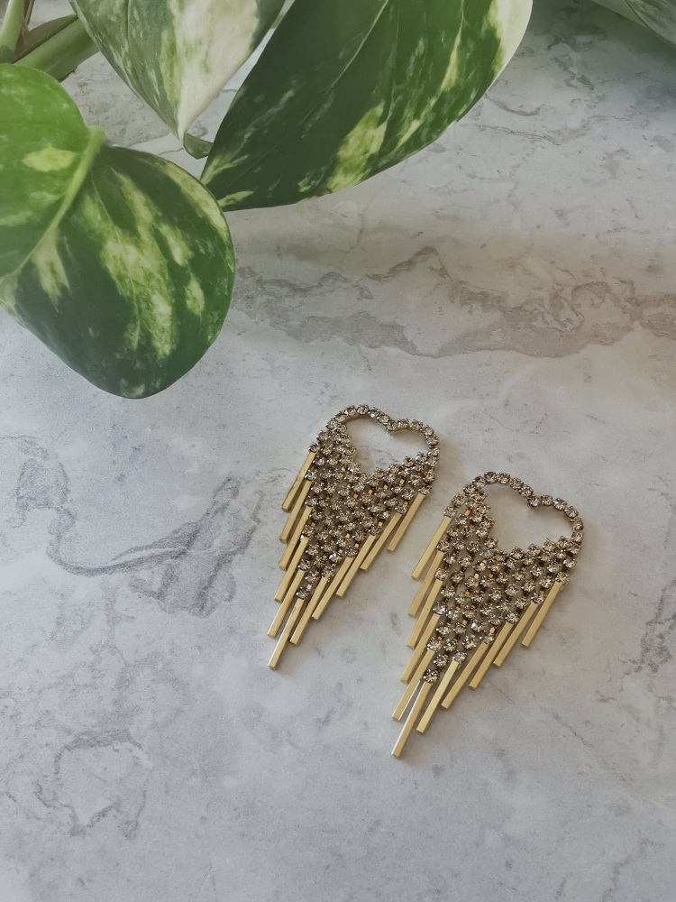 Gold Tone Cubic Zirconia Heart Drop Earrings