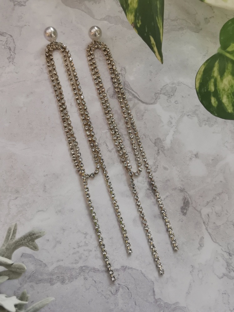 Gold Tone Pearl and Cubic Zirconia Delicate Drop Earrings