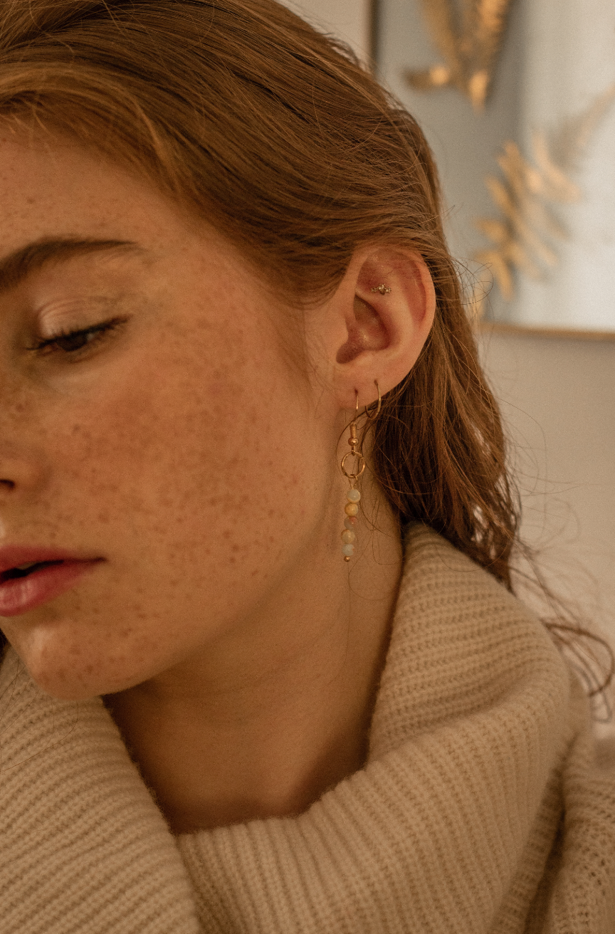 Gold Tone Semi Precious Emperors Stone Circle Drop Earrings