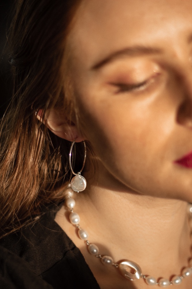 925 Sterling Silver Large Hoop & Mother of Pearl Flat Stone Earrings
